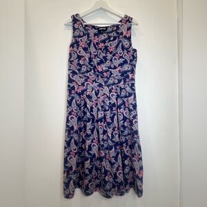 LANDS END Faux Wrap Dress Sz Medium Blue Pink Floral Pima Cotton Sleeveless